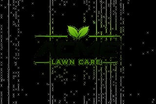 Lawn care logo with green leaf icon and text on dark background with digital matrix pattern